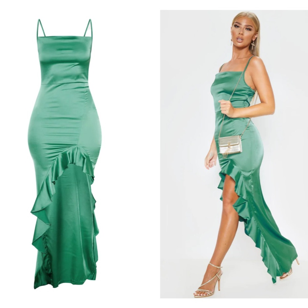 Emerald Green Cowl Neck Frill Hem Maxi Dress